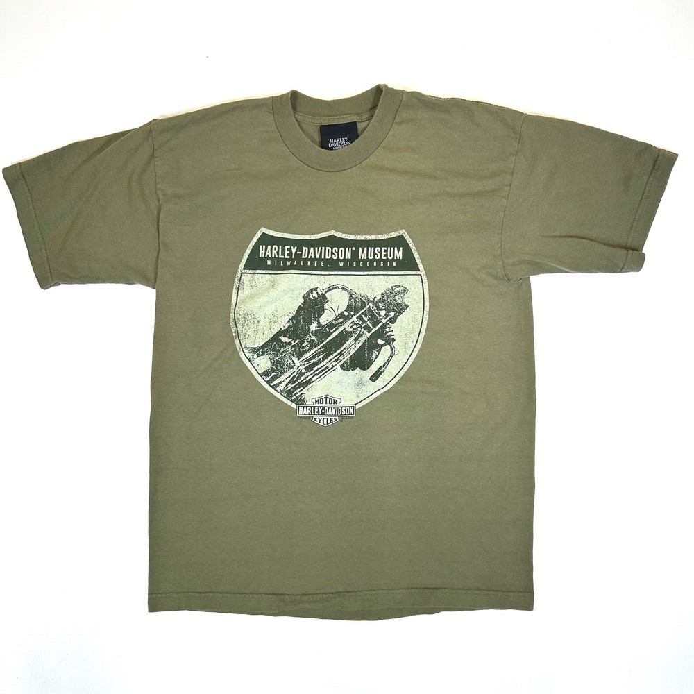 Harley-Davidson Museum Milwaukee Mens Large Olive Green Graphic T-Shirt USA Made